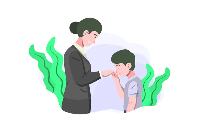Boy kissing mothers hand while going for work  Illustration