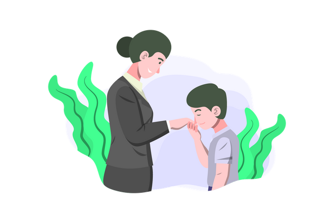 Boy kissing mothers hand while going for work  Illustration