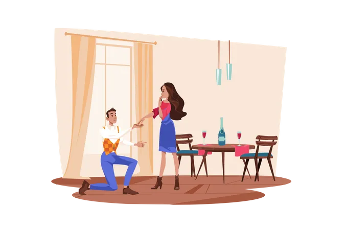 Boy Kneeling And Proposing To Girl  Illustration