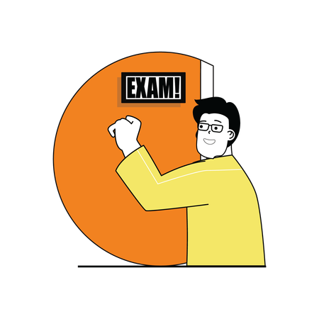 Boy knocking exam door  Illustration