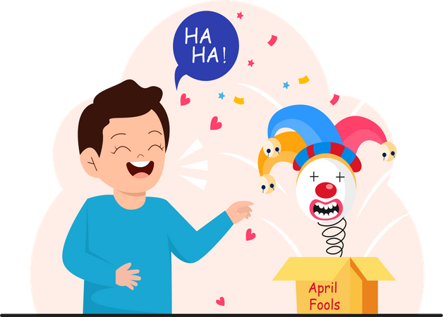 Boy laughing with jester surprise box  Illustration
