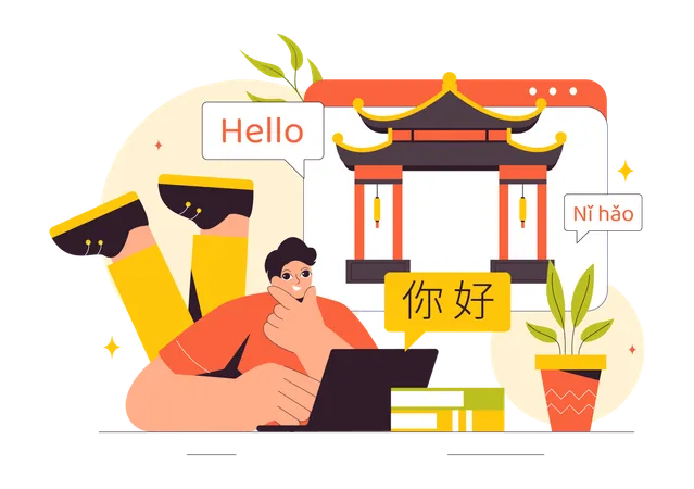 Boy Learn Chinese Language on Laptop  Illustration