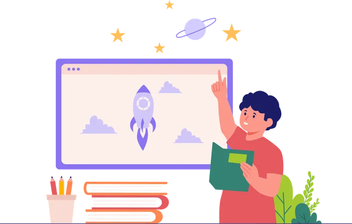 ロケット科学を学ぶ少年  イラスト