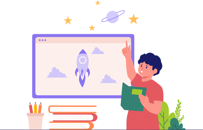 ロケット科学を学ぶ少年  イラスト