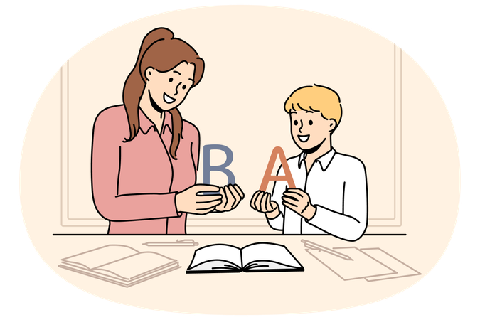 Boy learning alphabet along with elementary school teacher  Illustration
