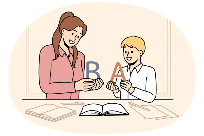 Boy learning alphabet along with elementary school teacher  Illustration