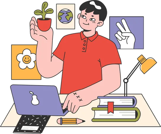 Boy learning botany at home  Illustration