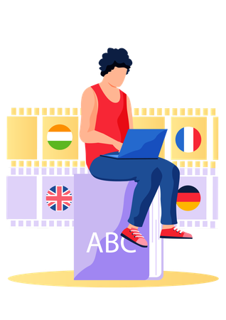 Boy learning foreign language online  Illustration