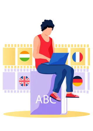 Boy learning foreign language online  Illustration