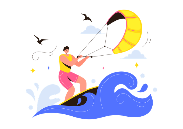 Boy Learning Kitesurfing  Illustration