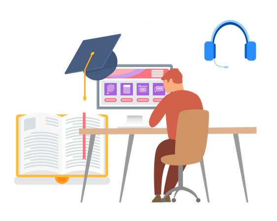 Boy learning online for graduation  Illustration