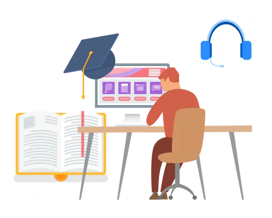 Boy learning online for graduation  Illustration