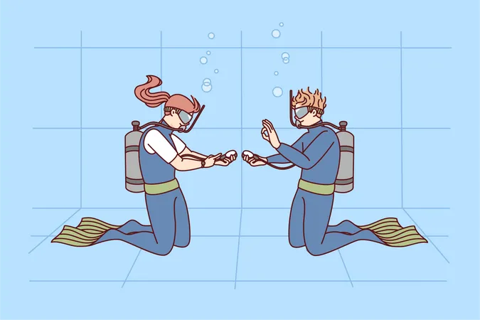 Boy learning to dive from professional diver Illustration
