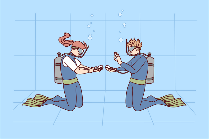 Boy learning to dive from professional diver  Illustration