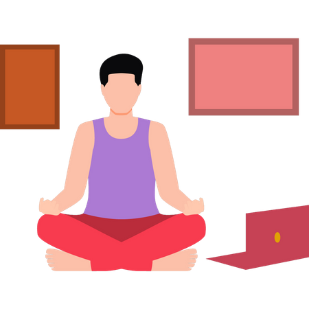 Boy learning yoga online  Illustration