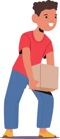 Boy lifting cardboard box  Illustration