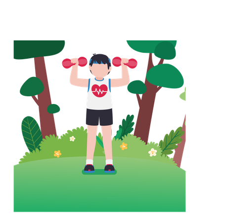 Boy lifting dumbbells while staying fit Illustration