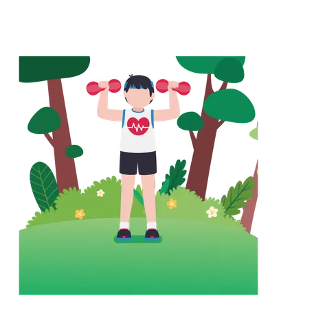 Boy lifting dumbbells while staying fit Illustration