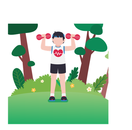 Boy lifting dumbbells while staying fit  Illustration