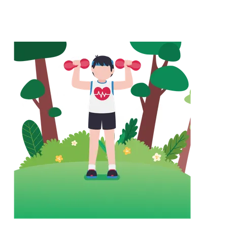 Boy lifting dumbbells while staying fit  Illustration