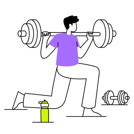 Boy lifting heavy barbell in gym  Illustration