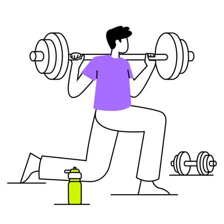 Boy lifting heavy barbell in gym  Illustration