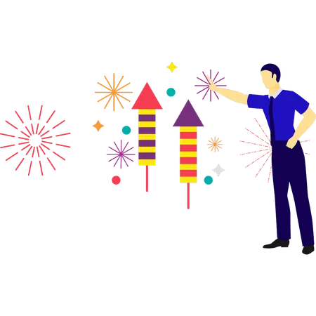 Boy lighting rocket firecracker  Illustration