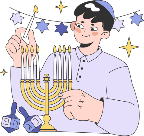 Boy lights up candle stand on Hanukkah  Illustration