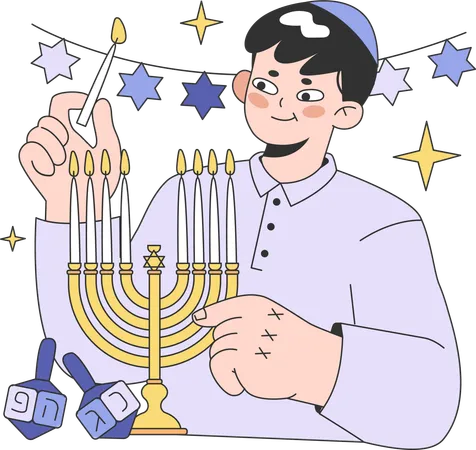 Boy lights up candle stand on Hanukkah  イラスト