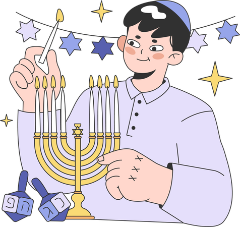 Boy lights up candle stand on Hanukkah  일러스트레이션