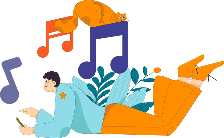 Boy listening music at home  Illustration