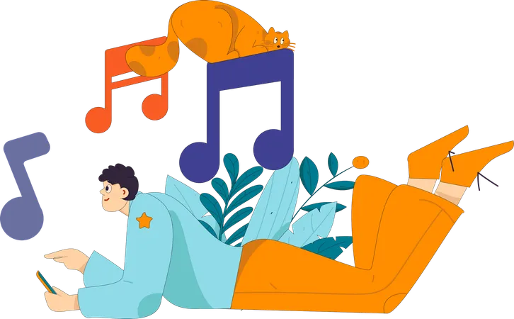 Boy listening music at home  Illustration