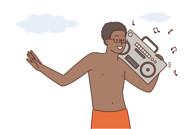 Boy listening music in boombox Illustration