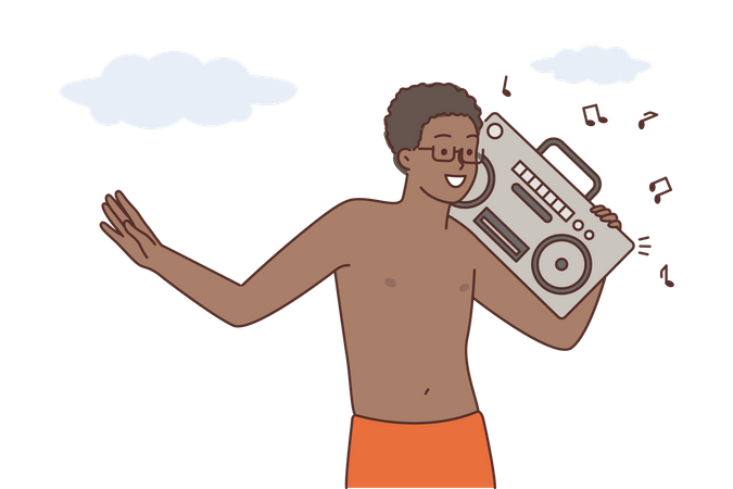 Boy listening music in boombox  Illustration