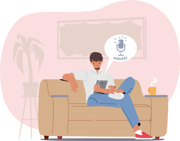 Boy listening to audio podcast  Illustration