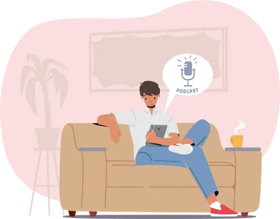 Boy listening to audio podcast  Illustration