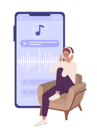 Young Man Listening To Audiobook On Mobile Phone Flat Concept Vector Spot Illustration Editable 2 D Cartoon Character On White For Web Design App Creative Idea For Website Mobile Magazine Illustration