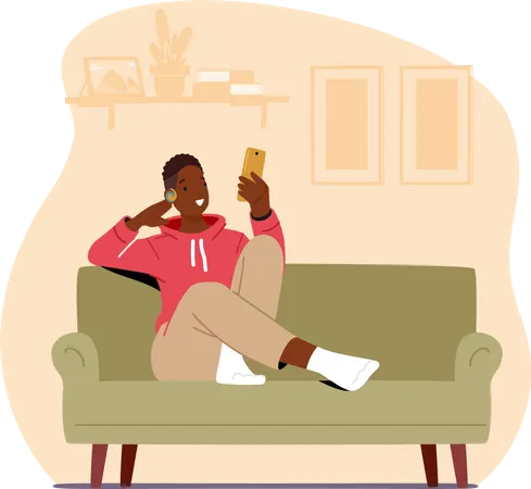 Boy listening to podcast while sitting on couch Illustration