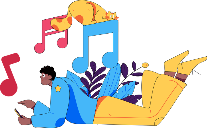 Boy listens music in leisure time  Illustration