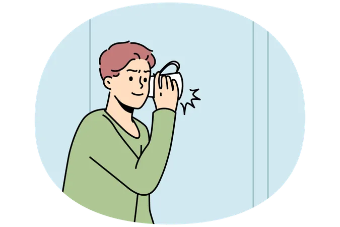 少年はマグカップを持って壁の後ろで何が起こっているのか聞いている  イラスト