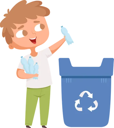 Boy littering plastic bottle into recycle bin Illustration