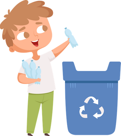 Boy littering plastic bottle into recycle bin  Illustration