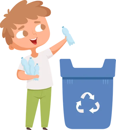 Boy littering plastic bottle into recycle bin  Illustration