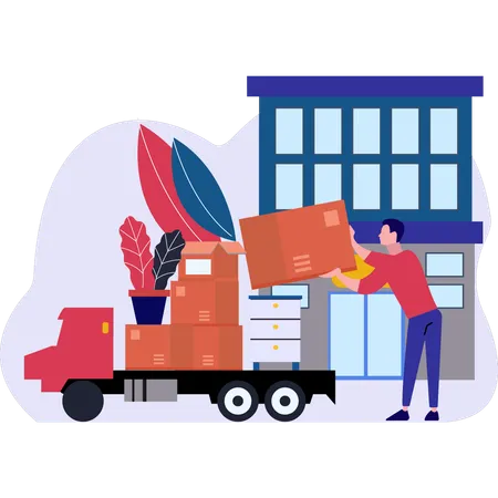 The Boy Is Loading The Box Into The Truck Illustration