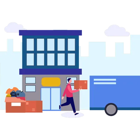 Boy Loading Box Into Truck  Illustration