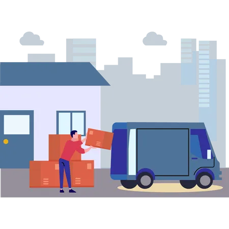 A Boy Is Loading Boxes Into A Truck Illustration