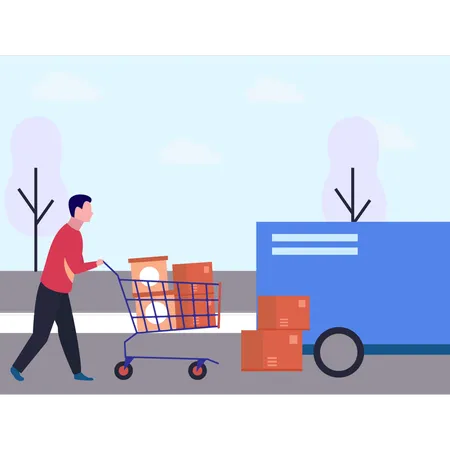 A Boy Is Loading Cartons From A Trolley Illustration