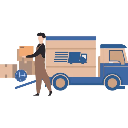 Boy loading cartons  Illustration