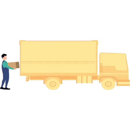 Boy loading cartons into a truck Illustration