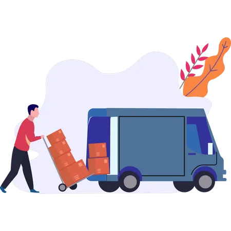 A Boy Is Loading Cartons Into A Truck Using A Trolley Illustration
